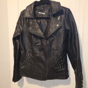 Steve Madden Women's Studded Faux Leather Biker Jacket Black Large Zipper Accent